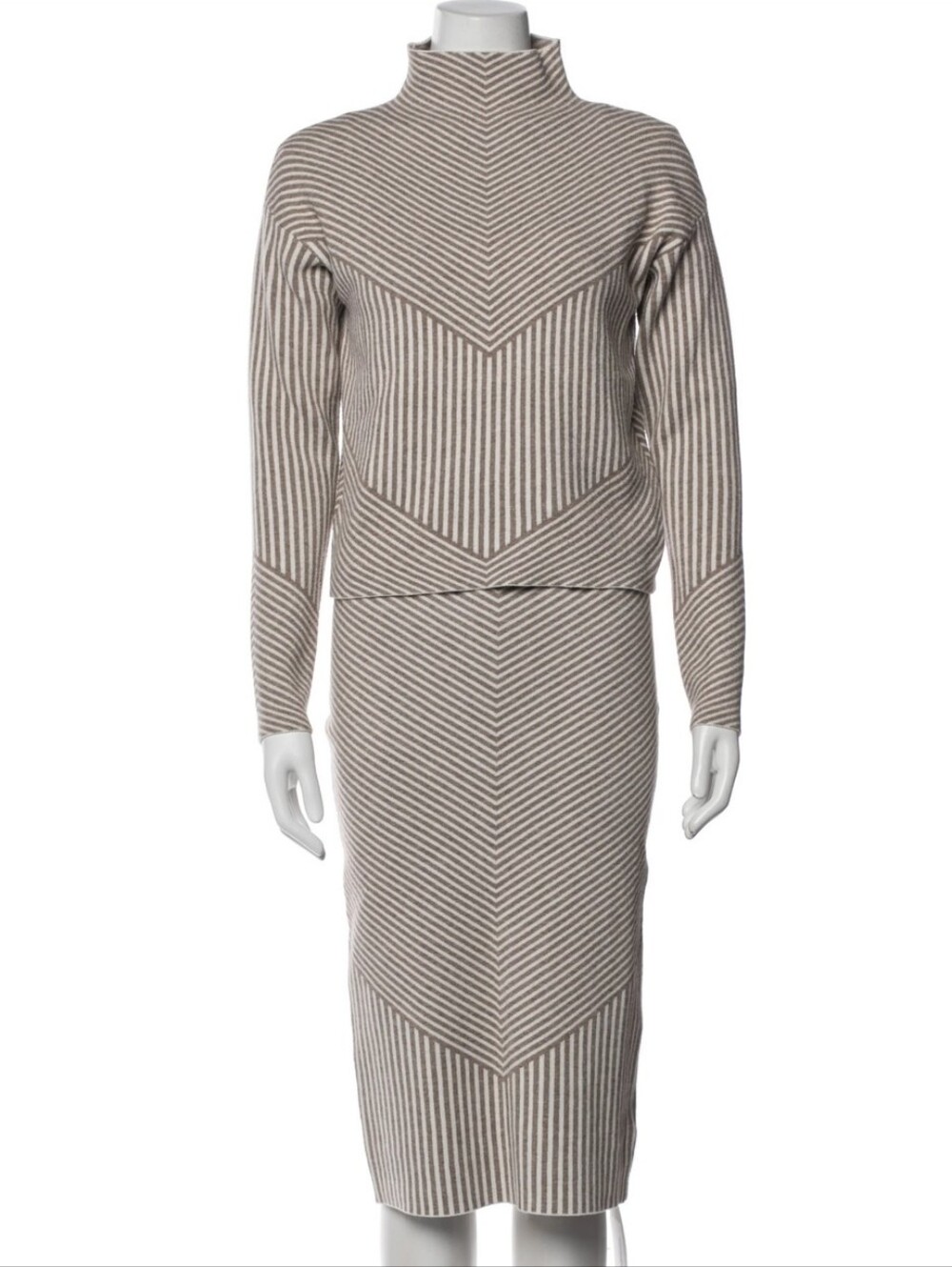 Rachel Zoe Beige and White Chevron Stripe Knit Pencil Skirt